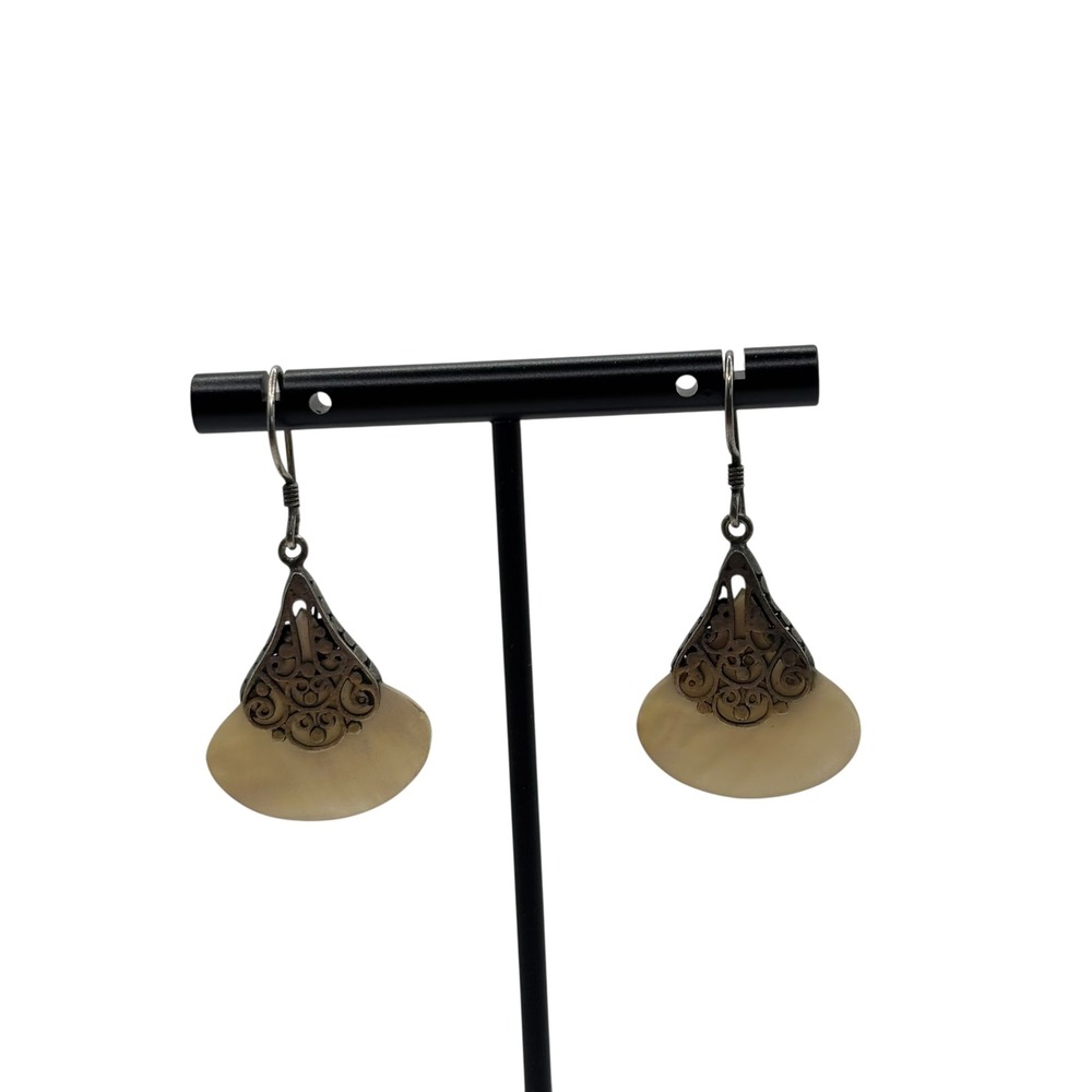 Drop Earrings Ornate Silver Tone Filigree Fan Faux Stone Costume Jewelry‎